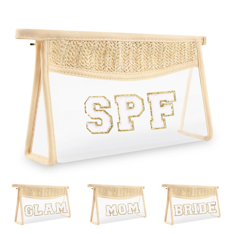 Iqimott Boho Patch SPF Bag Clear Makeup Letter Bag  Waterproof Zipper Make up Bag Toiletry Pouch for Women Girls  Clear Letter Patch Cosmetic Bag Transparent Organizer Pouch for Travel(SPF  Beige) - Image 1